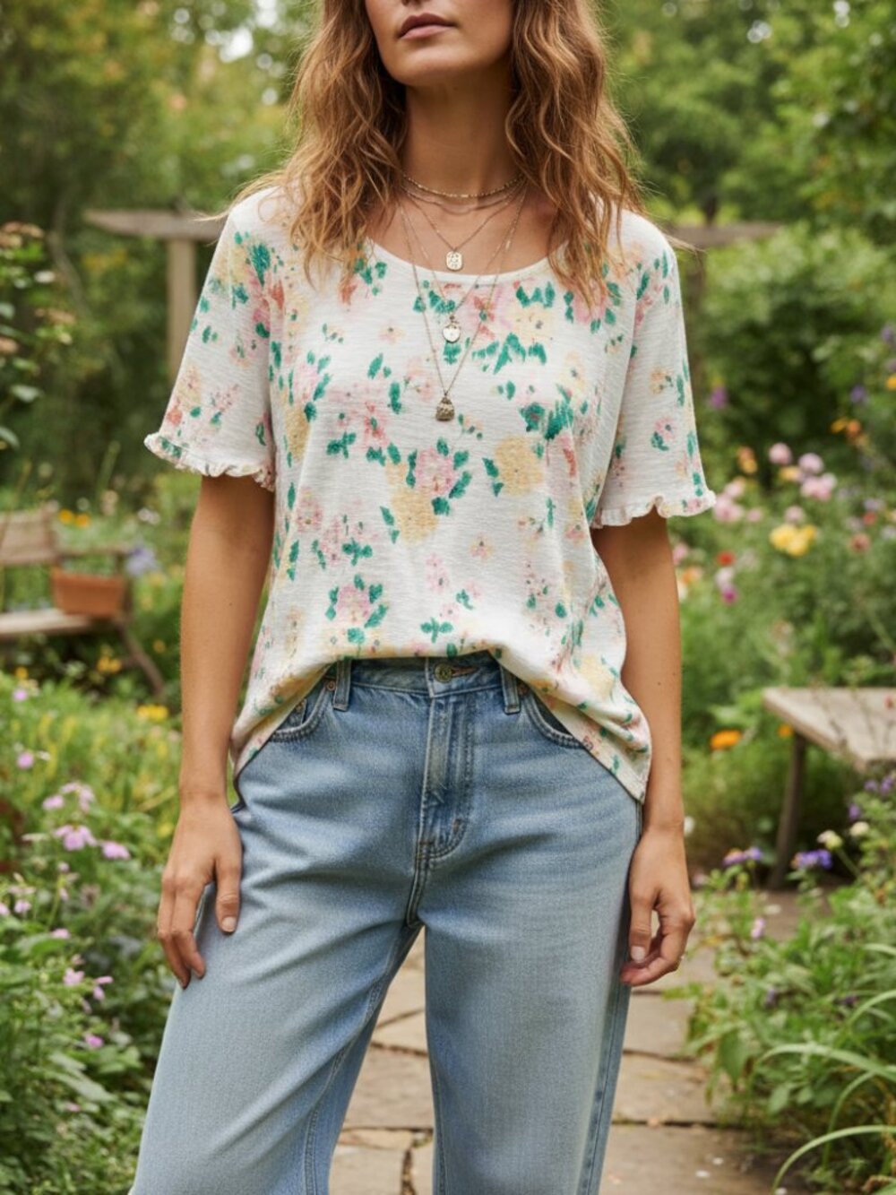 LC Lauren Conrad XXL 2X Tee Top White Floral Ruffle Cottagecore Cotton Boho